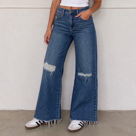 Hidden Jeans Denim - Hidden Jeans High Waisted Wide Leg Distressed Raw Hem Denim HD3136C-DK Blue bb